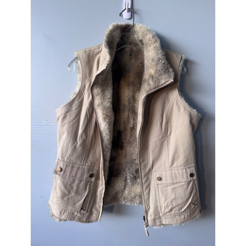 Tribal Reversible Faux Fur Vest Tan Cream Grey Quilted Medium Sleeveless Jacket